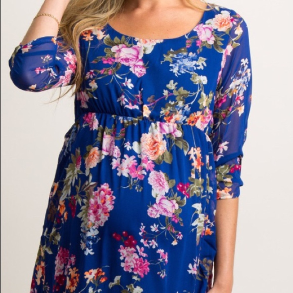 Pink Blush Blue Floral Chiffon Maternity Dress- S